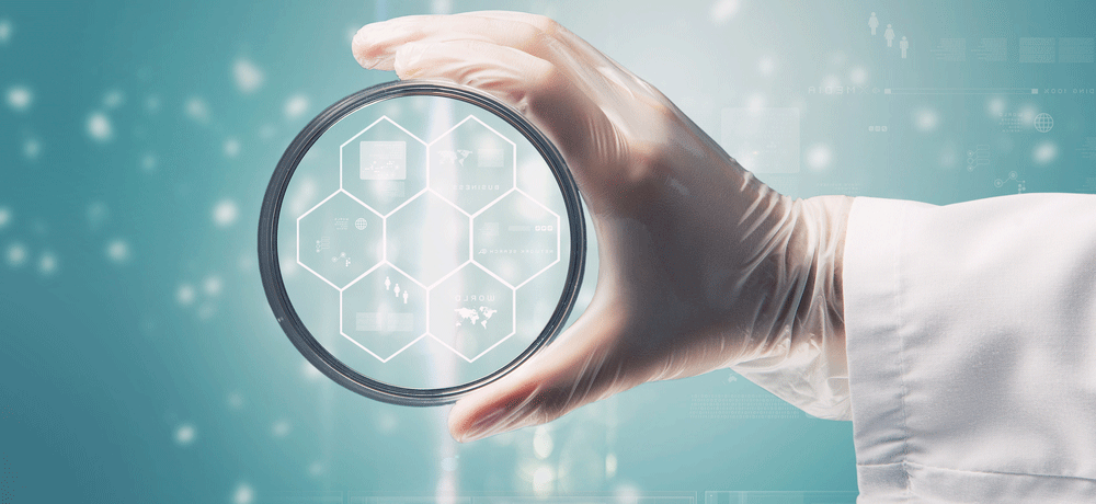 Gloved scientist holding a petri dish with futuristic data overlay symbolizing biomarker testing, multiplex assays, and modern biomedical research