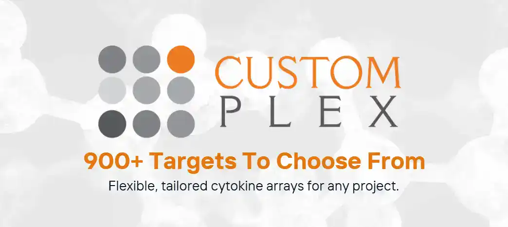 Promotional graphic for custom plex panel highlighting over 900 cytokine targets available for flexible, tailored multiplex biomarker analysis projects